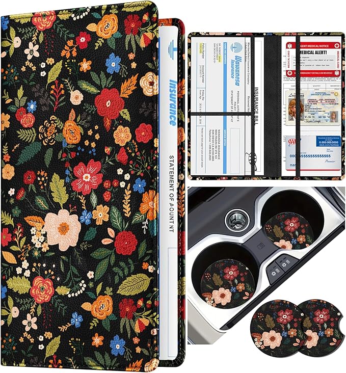 Slohif Car Registration and Insurance Card Holder - Blossom Vehicle Glove Box Organizer Women with Magnetic Shut Leather Automobile License Holders Coasters Auto Accessories Case for Document