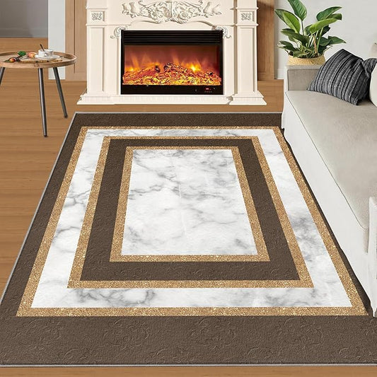 Marble Texture Area Rugs Rectangular Geometric Rug Gray White Marble Carpet Luxury Rug with Gold Accents Modern Minimalist Geometric Rugs for Bedroom Living Room 6x8ft