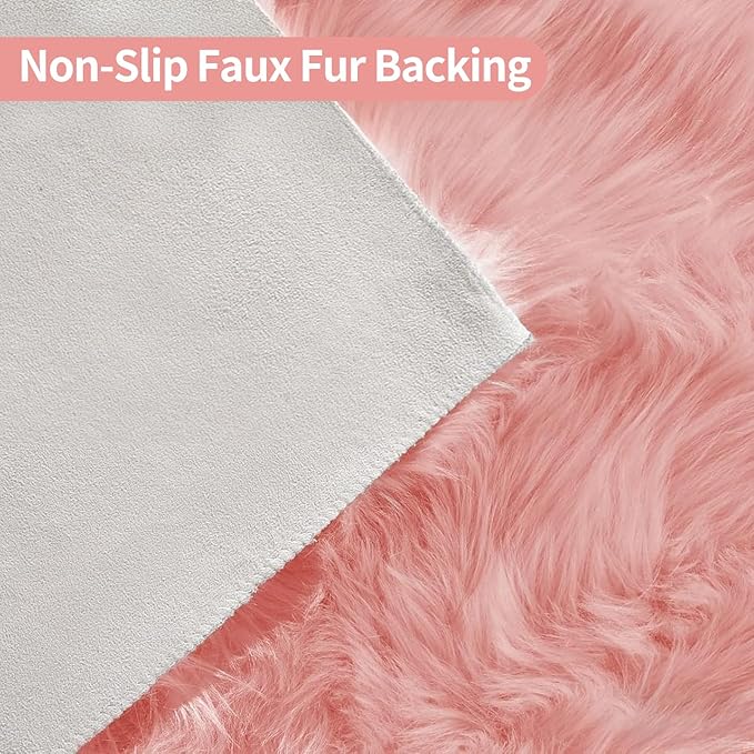 Pink Faux Fur Sheepskin Area Rug for Living Room Bedroom, 2 x 6 Feet Ultra Soft Shaggy Fuzzy Furry Carpet Chair Throw Runner Rugs for Kids, Girls, Nursery Room Decor Dorms