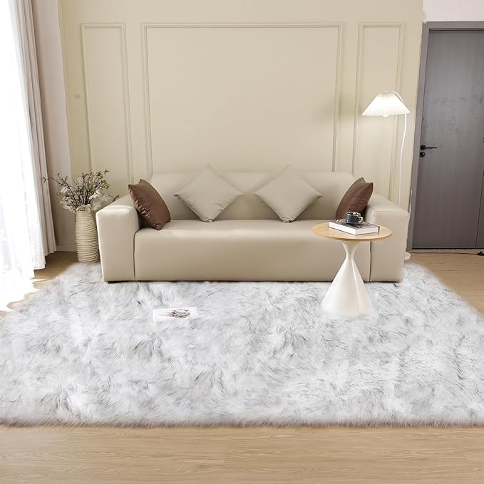 White and Gray Furry Carpet for Bedroom Fuzzy Faux Sheepskin Washable Fur Area Rugs for Living Room Rug 4x6 Rectangle Nursery Rug