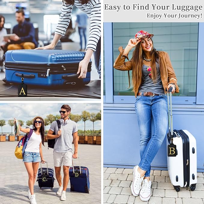 Personalized Initial Luggage Tags for Suitcase TSA Approved, Black Leather Cute Luggage Tag with Privacy Cover Name Card, Embroidered Custom Luggage Tags Travel Backpack Tags Gifts for Women Kids(A)