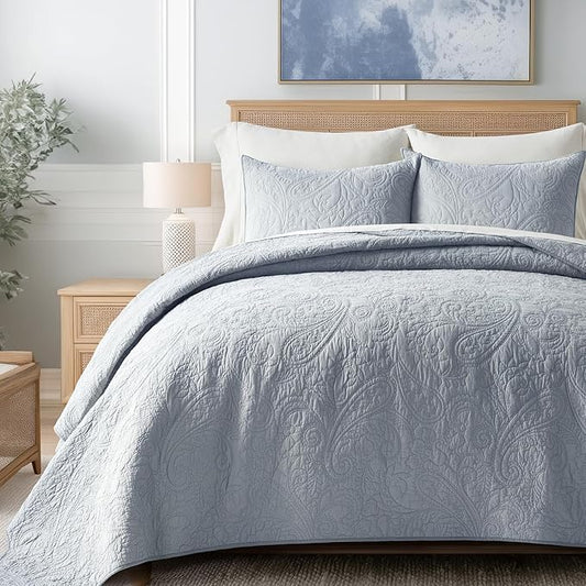 EVERGRACE 100% Cotton Paisley Quilt Set, Queen Size 3 Piece Set – Prewashed Lightweight Bedspread with 2 Shams, Soft & Breathable Matelasse Coverlet for All-Season Comfort, Pearl Blue
