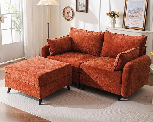 73'' Loveseat Sofa with Seats Storage, Modular Sectional Sofa with Movable Ottoman,Oversized Comfy Couches with Deep Seat,7.8'' Cushion,Couch for Living Room,Bedroom,Chenille,Orange