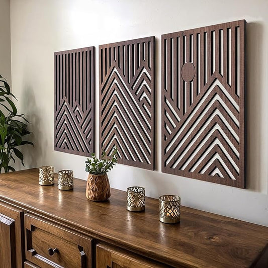 qmmp Modern Wooden Wall Sculptures - Set of 3 - Home Decor Accent - Large Wall Art for Living Room, Bedroom, Office - Easy Installation (Walnut, Large - Mountain and Sun, Unframed)