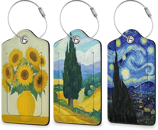Oil Painting 3 Pack Luggage Tag for Suitcase, Unique Leather Travel Tags Identifiers with Privacy Name Address Labels & Durable Steel Loop for Women Men Travel