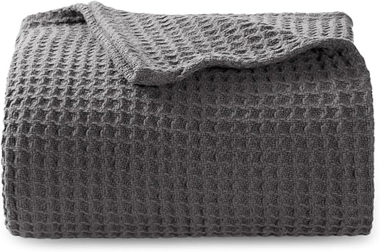 Bedsure Gentlesoft 100% Cotton Blanket Twin XL Size for College Dorm - Breathable and Soft, Waffle Weave Twin Blanket for Summer, Dorm Room Essentials, Dark Grey, 66x90 inches