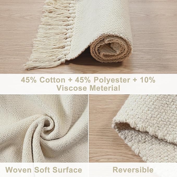 Collive 2x6 Runners for Hallway, Woven Reversible Washable Entryway Runner Rug, White/Beige Cotton Modern Farmhouse Laundry Room Carpet for Bathroom Sink Foyer Bedroom