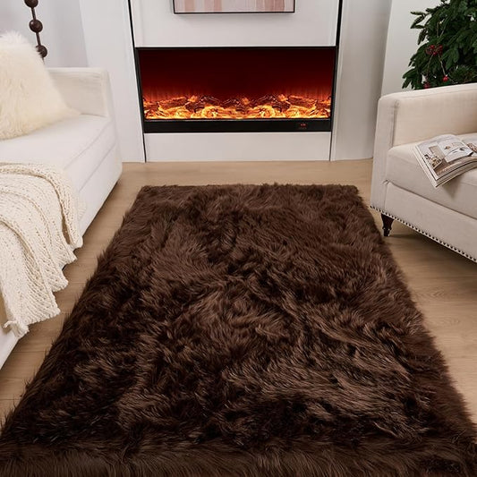 Fluffy Faux Fur Rug Coffee Sheepskin Area Rug,4x6 Ft Ultra Soft Shaggy Plush Rug for Bedroom Bedside Living Room Nursery Kids Room
