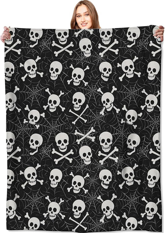 Skull and Crossbones Blanket Halloween Holiday Decor Gothic Spooky Skeleton Black Throw Gifts Lightweight Soft Fleece Spider Web Blankets for Creepy Fall Vibe Horror Goth Decoration 60x80in