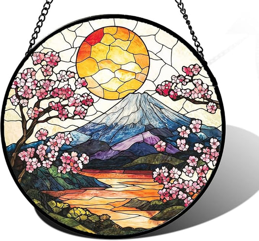 Stained Glass Window Hanging, Sun Blooming Cherry Blossoms Suncatcher Diamond Glass Panel Sun Catchers Decor for Birthday for Women, Men, Wife, Aunt, and Mom 14.9x14.9 in