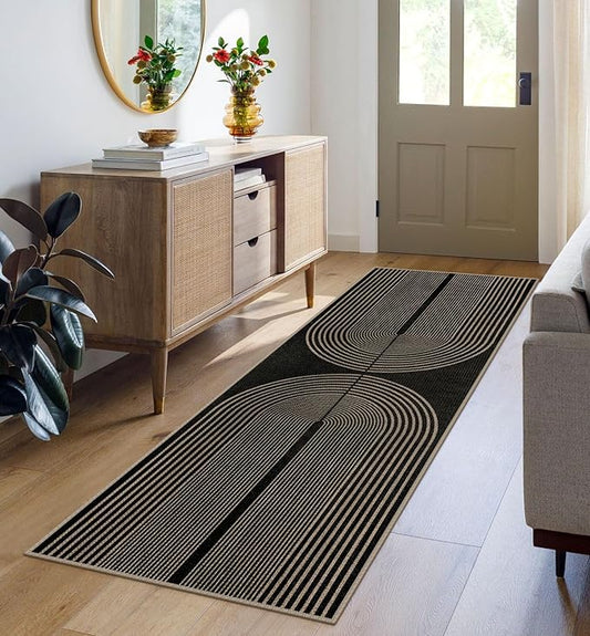 Easy Jute Rainbow Runner Rug, 2x6 Black Washable Rugs Runner for Hallway Non-Slip Boho Farmhouse Kitchen Runner Rug, Modern Abstract Indoor Outdoor Carpet for Porch Laundry Entryway