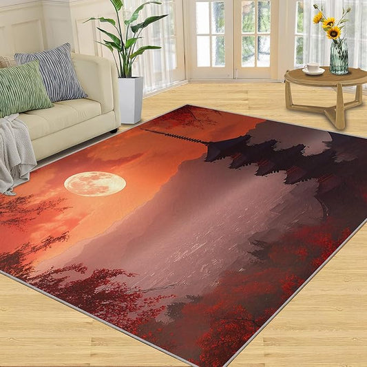 Japanese Style Area Rug 4x5 Washable Rug Red Maple Leaves Rugs for Living Room Sunset Scene Non Slip Carpet Floral Print Mat Bedroom Bathroom