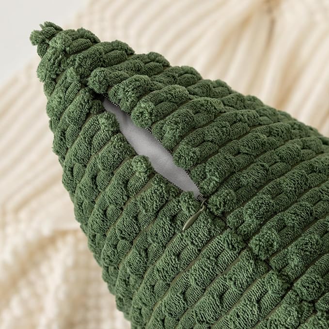 Kevin Textile Throw Pillow Covers Soft Corduroy Decorative Set of 2 Boho Striped Pillow Covers Pillowcases Farmhouse Home Decor for Couch Bed Sofa Living Room 20x20 Inch Moss Green
