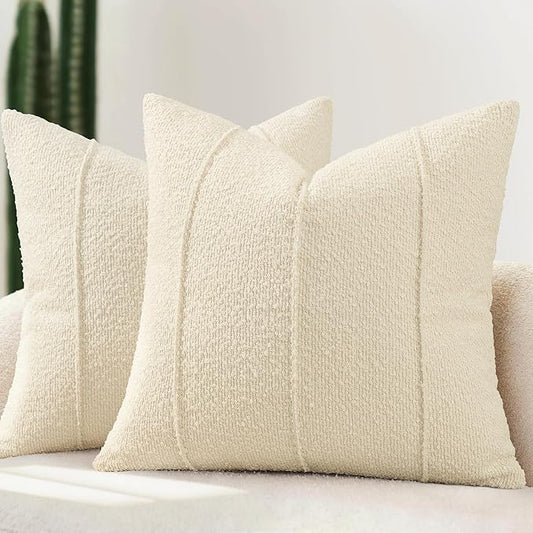 YCOLL Textured Boucle Throw Pillow Covers 22x22 Pack of 2 - Soft Neutral Striped Cushion Covers, Cozy Accent Decorative Pillow Covers for Couch, Sofa, Bed, Living Room (Cream)