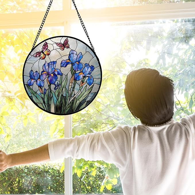 DASTOLL Stained Glass Window Hanging, Blue Iris Flowers Butterfly Suncatcher Diamond Colorful Glass Panel Sun Catchers Decor for Birthday for Women, Men, Wife, Aunt, and Mom 7.8 in