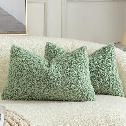 Yaertun Pack of 2 Faux Fur Throw Pillow Covers Decorative Sherpa Boucle Pillow Covers Fuzzy Soft Pillowcases Sheepskin Fleece Cushion Case for Couch Sofa Bed Living Room 12x20 Inch Sage Green