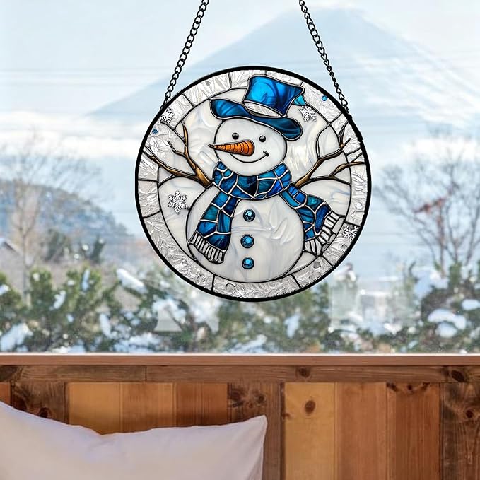 Stained Glass Window Hanging Christmas Snowman Blue White 7.8" - Suncatcher Door Garden Sun Catcher Home Decor Birthday Mother's Day Xmas Gift for Mom Men Woman Her Nana Parents Girl