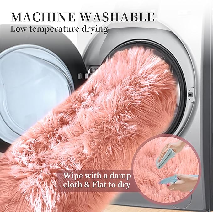 Pink Washable Fluffy Round Rugs for Bedroom Girls Shag Faux Sheepskin Fuzzy Fur Rugs for Living Room Circle Area Rug for Kids Round Rug 5ft