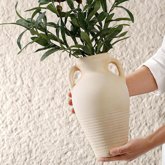 White Ceramic Rustic Flower Vase, 10.83 Inch Pottery Modern Vase for Shelf, Tabletop, Vintage Farmhouse Home Decor for Coffee Table, Living Room, Mantle, Fireplace, Entryway