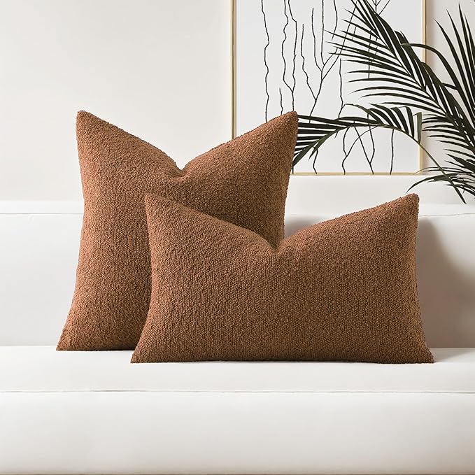 HAUSSY Set of 2 16x16 Decorative Throw Pillow Covers, Soft Cozy Textured Boucle Couch Cases, Home Decor for Couch Bed Living Room, Tobacco