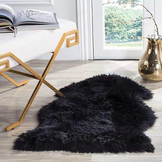 HUAHOO Premium Genuine Sheepskin Rug Black Real Australia Sheepskin Natural Luxury Fluffy Lambskin Fur Area Rug Seat Covers for Kids Bedroom Sofa Chair Cover Pets Dogs Mat Single Pelt/2'x 3' Black