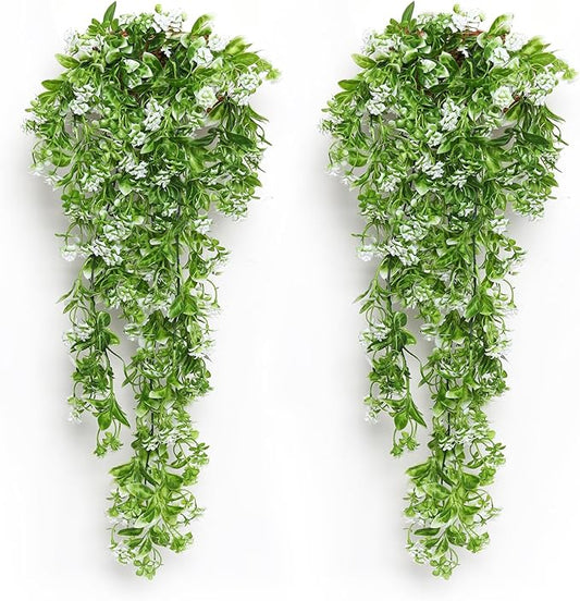 RECUTMS 2Pcs Artificial Hanging Flowers for Outdoor Decoration Fake Hanging Plants Faux White Flowers Artificial UV Resistant Plastic Greenery Vines Ivy for Outdoor Indoor Garden Party Decor（White）