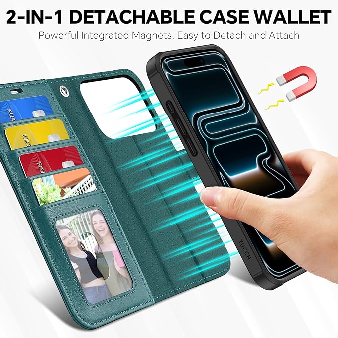 TUCCH Removable Case Wallet for iPhone 17 Pro (6.3") 2025, Detachable Wrist Strap, Wireless Charging, Stand, 4 Card Slots RFID Blocking, 2-in-1 Magnetic, PU Leather Shockproof Cover, Teal Blue