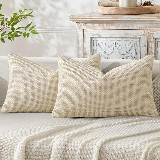 MIULEE Pack of 2 Lumbar Couch Throw Pillow Covers 20x12 Inch Neutral Cream Modern Boho Accent Decorative Pillow Covers Soft Chenille Farmhouse Cushion Covers for Home Decor Bed Sofa Living Room