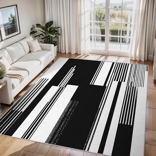 Black and White Stripe Rugs for Home Decor, 5x8 ft, Modern Stripes Area Rugs for Living Room, Soft Non Slip Washable Abstract Striped Carpet Bedroom Decorations Dt-Ghf-31