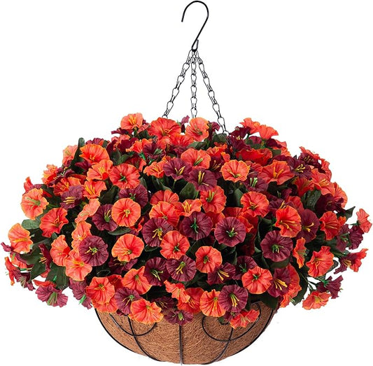 Artificial Hanging Flowers with Basket, Faux Silk Petunias Flower Arrangement, Coconut Lining with Morning Glories Fake Plants Patio Garden Porch Deck Spring Summer Decor(Orange Brown)