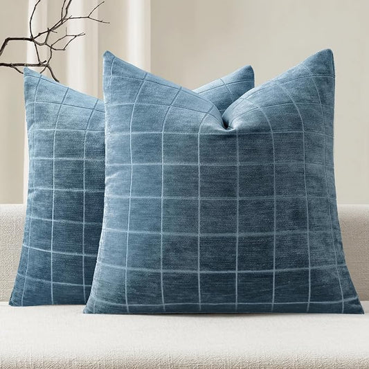MIULEE Decorative Chenille Check Throw Pillow Covers Vintage Plaid Couch Pillows 18x18 Inch Set of 2 Neutral Boho Farmhouse Cushion Covers Modern Spring Coastal Decor for Sofa Bed Living Room Blue