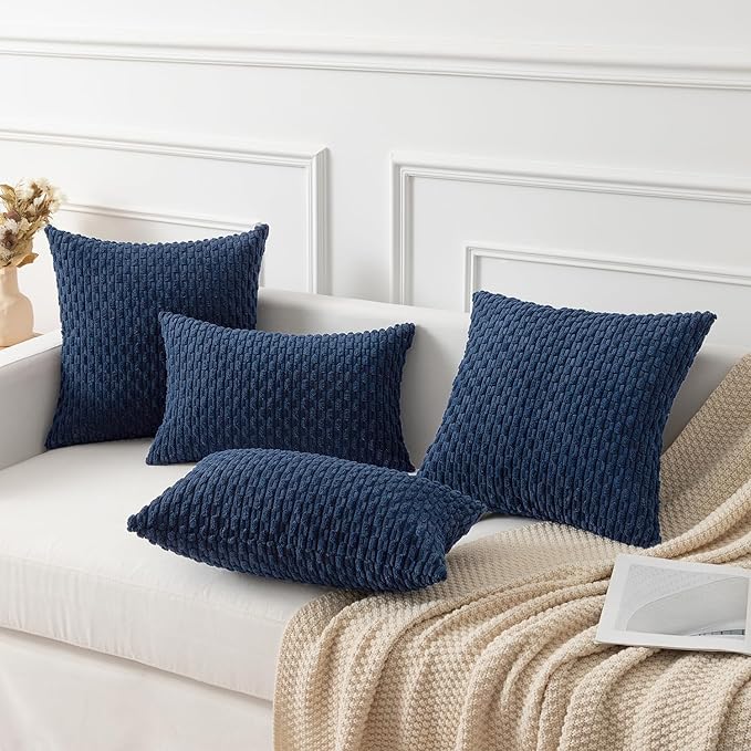 Kevin Textile Throw Pillow Cover Striped Corduroy Plush Texture Velvet Euro Cushion Cover for Bed 24 x 24 inch (60cm) Set of 2 Navy Blue