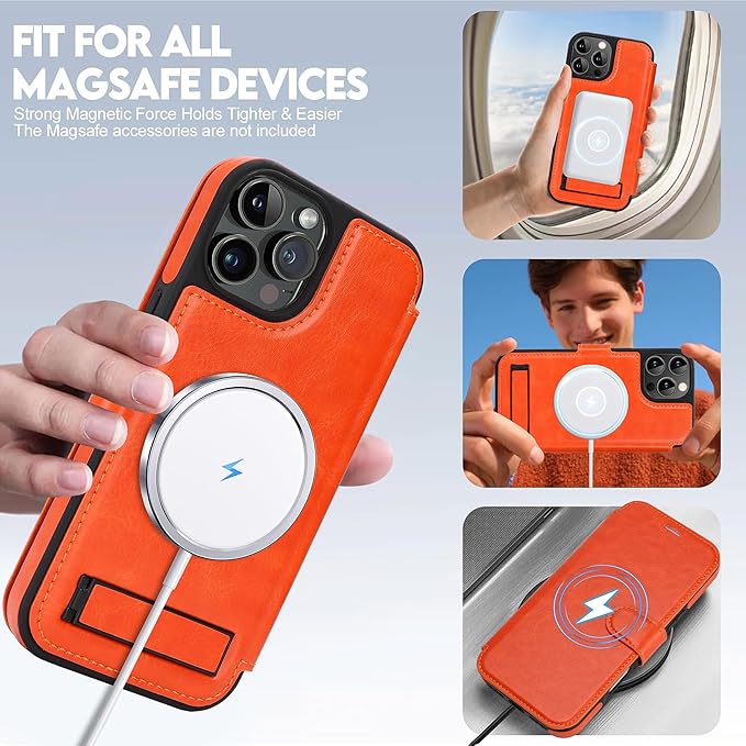 CIVICASE for iPhone 14 Pro Max Wallet Case with Stand,PU Leather Flip Credit Card Holder Slots (RFID Blocking),Compatible with Magsafe Magnetic Holder Phone Cover Women Men,Orange