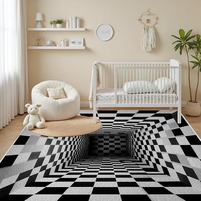 Optical Illusion Rug - Black and White Rug for Living Room, Soft Ultra Soft Faux Wool 5x6 Area Rugs Floor Mats, Non Slip&Non-Shedding Low Pile Checkered Washable Rugs, Abstract Geometric Carpet