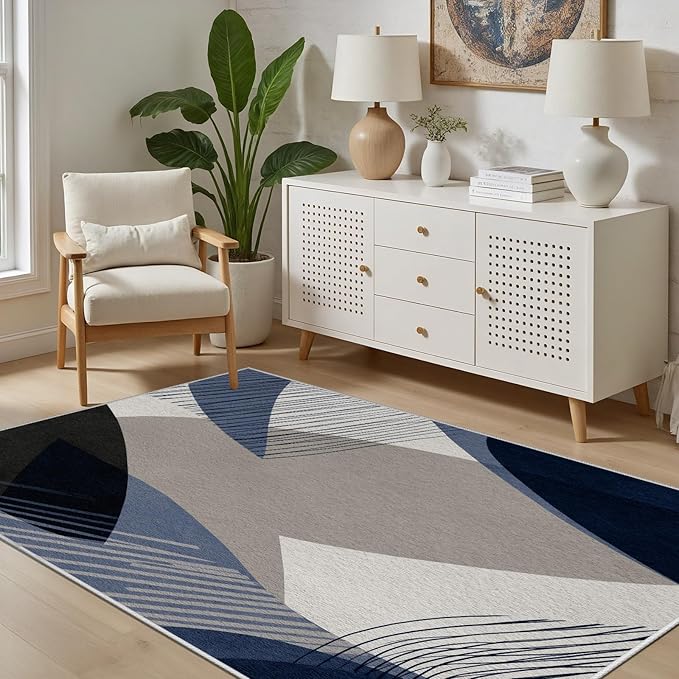 Abstract Art Line Living Room Area Rugs 2x3, Modern Boho Geometric Print Soft Rug, Minimalist Washable Non Slip Neutral Carpet for Bedroom, Dining Room Office Playroom, Navy Blue Gray