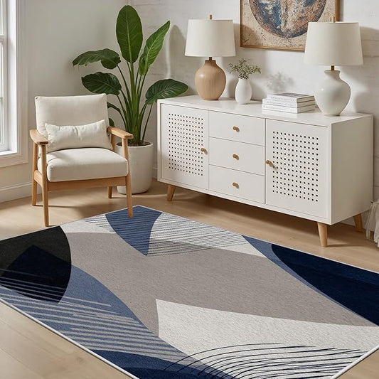 Abstract Art Line Living Room Area Rugs 5x8, Modern Boho Geometric Print Soft Rug, Minimalist Washable Non Slip Neutral Carpet for Bedroom, Dining Room Office Playroom, Navy Blue Gray