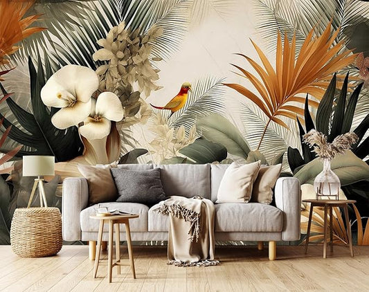 Flower Series Mural Colorful Leaves Seamless Wall Mural, Birds Resting on Flowers Wallpaper for Bedroom, Living Room, Bathroom Background Wall Decoration（Non-self-Adhesive）