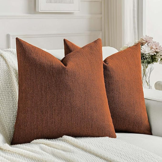 FUTEI Rust Chenille Decorative Throw Pillow Covers 16x16 Inch Set of 2,Soft Cozy Faux Linen Textured Cushion Case,Farmhouse Home Decor for Couch Living Room