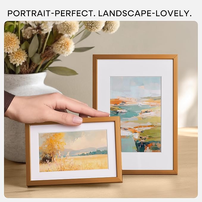 Homeforia 10x10 Picture Frame Bronze, High End Metal 10 by 10 Square Brass Frames with Mat 8 x 8 Photo, 10x10 Poster Frame Matted to 8x8 Art, Wall or Tabletop Frame, Tempered Glass, Wall Kit, Set of 3