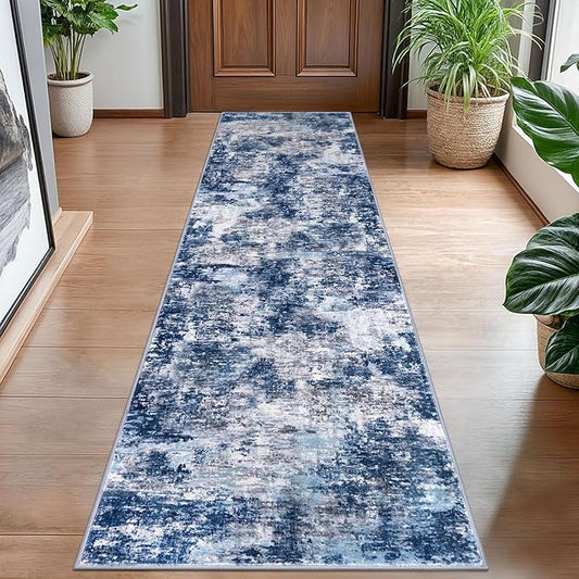 Modern Abstract Hallway Runner Rug, Grey Navy Blue Multi 2x8 Runner Rug, Washable Kitchen Runner Non-Slip Soft Thin Print Faux Wool Carpet for Entryway Bedroom Laundry Room Indoor