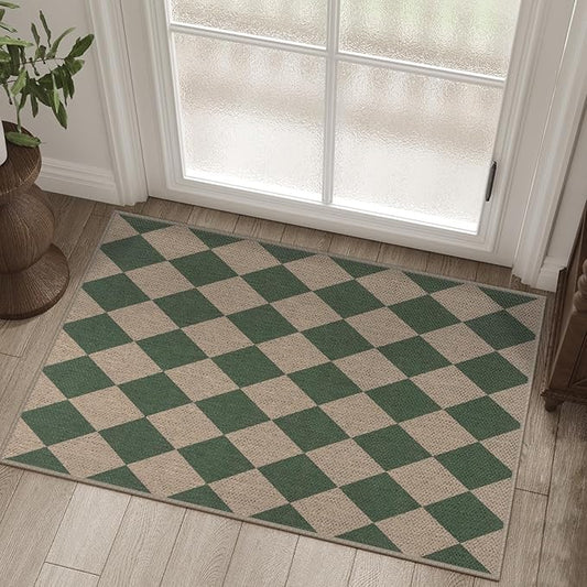 Easy Jute Checkered Entryway Rug, 2x3 Green Modern Indoor Outdoor Doormat, Washable Non-Slip Neutral Small Kitchen Rug Farmhouse Diamond Throw Rugs for Entrance Bedroom Bathroom