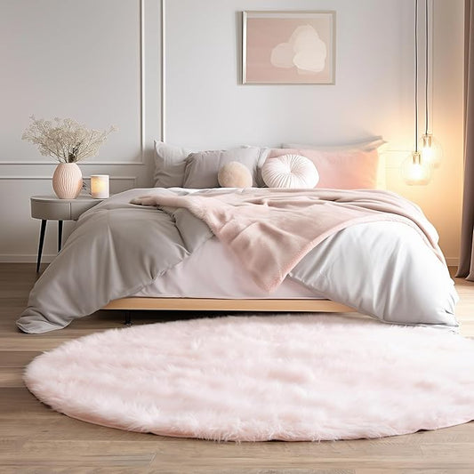 Super Area Rugs Ultra Soft & Fluffy Faux Sheepskin Rug, Light Pink 5 X 5 Round Carpet for Bedroom Living Room
