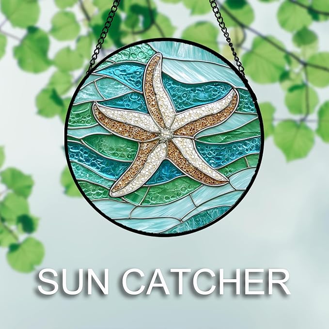 Stained Glass Window Hanging Teal Sea Waves Starfish Large 15" - Suncatcher Door Garden Sun Catcher Home Decor Birthday Mother's Day for Mom Men Woman Parents Her Child Nana