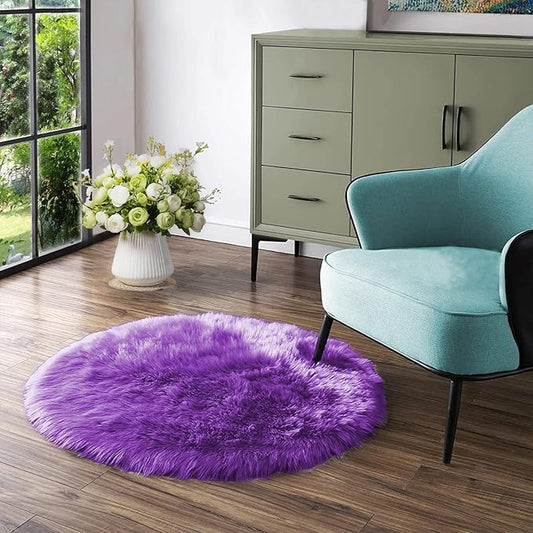 Latepis Purple Round Rugs 4ft Faux Fur Fluffy Shag Rug Machine Washable Sheepskin Rugs Shaggy Plush Soft Cute Carpet for Living Room Bedroom