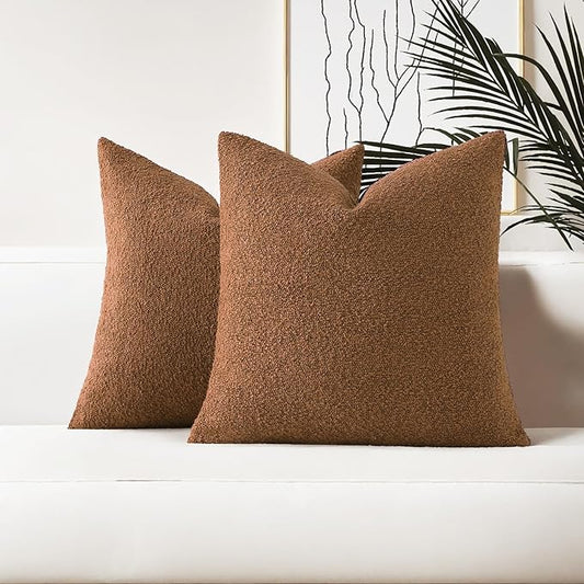 HAUSSY Set of 2 22x22 Decorative Throw Pillow Covers, Soft Cozy Textured Boucle Couch Cases, Home Decor for Couch Bed Living Room, Tobacco