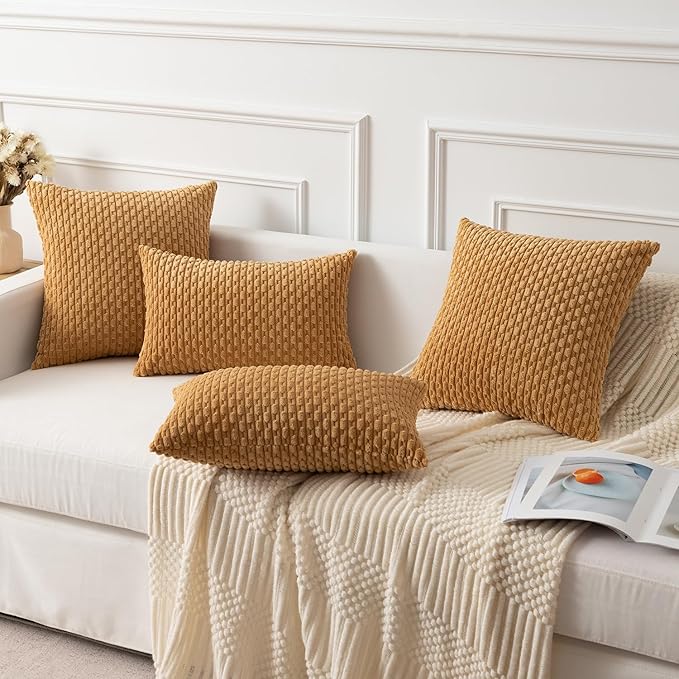 Kevin Textile Throw Pillow Covers Soft Corduroy Decorative Set of 2 Boho Striped Pillow Covers Pillowcases Farmhouse Home Decor for Couch Bed Sofa Living Room 26x26 Inch Gold