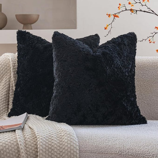 Neelvin Set of 2 Faux Fur Throw Pillow Covers 22x22 Inch Black Cozy Soft Solid Decorative Pillowcases Thick Plush Sheepskin Cushion Case for Chair and Couch Sofa Bedroom