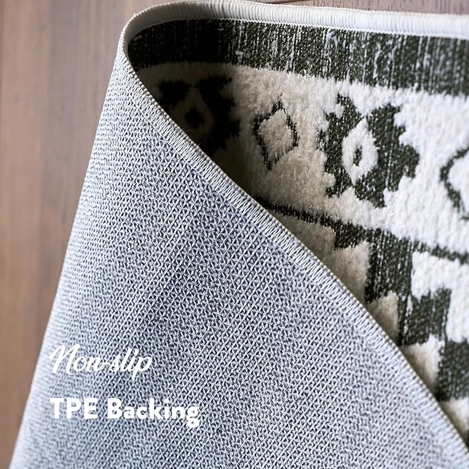 Moroccan Washable Runner Rug 2x6, Geometric Woven Area Rug, Farmhouse Boho Accent Hallway Runner Rug, Non-Slip Soft Low Pile Throw Mat for Bedroom Living Room Kitchen, Olive Green/White