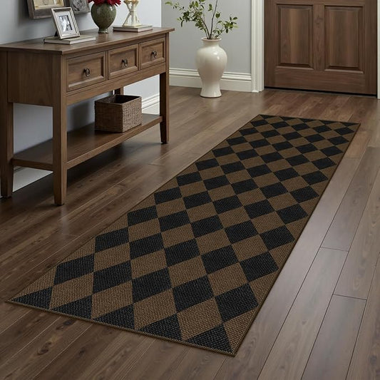 Easy Jute Checkered Runner Rug, 2x6 Coffee Modern Washable Rugs Runner for Hallway Non-Slip Kitchen Runner Rug, Geometric Diamond Indoor Outdoor Carpet for Porch Laundry Entryway