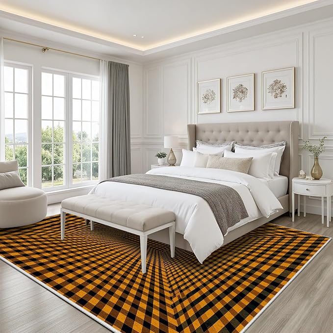 3D Rugs Optical Illusion - Plaid Rug 3x4, Geometric Stripes Soft Neutral Indoor Floor Mats Carpet, Non-Slip Stain Resistant Modern Orange Rug for Bedroom, Living Room Rugs